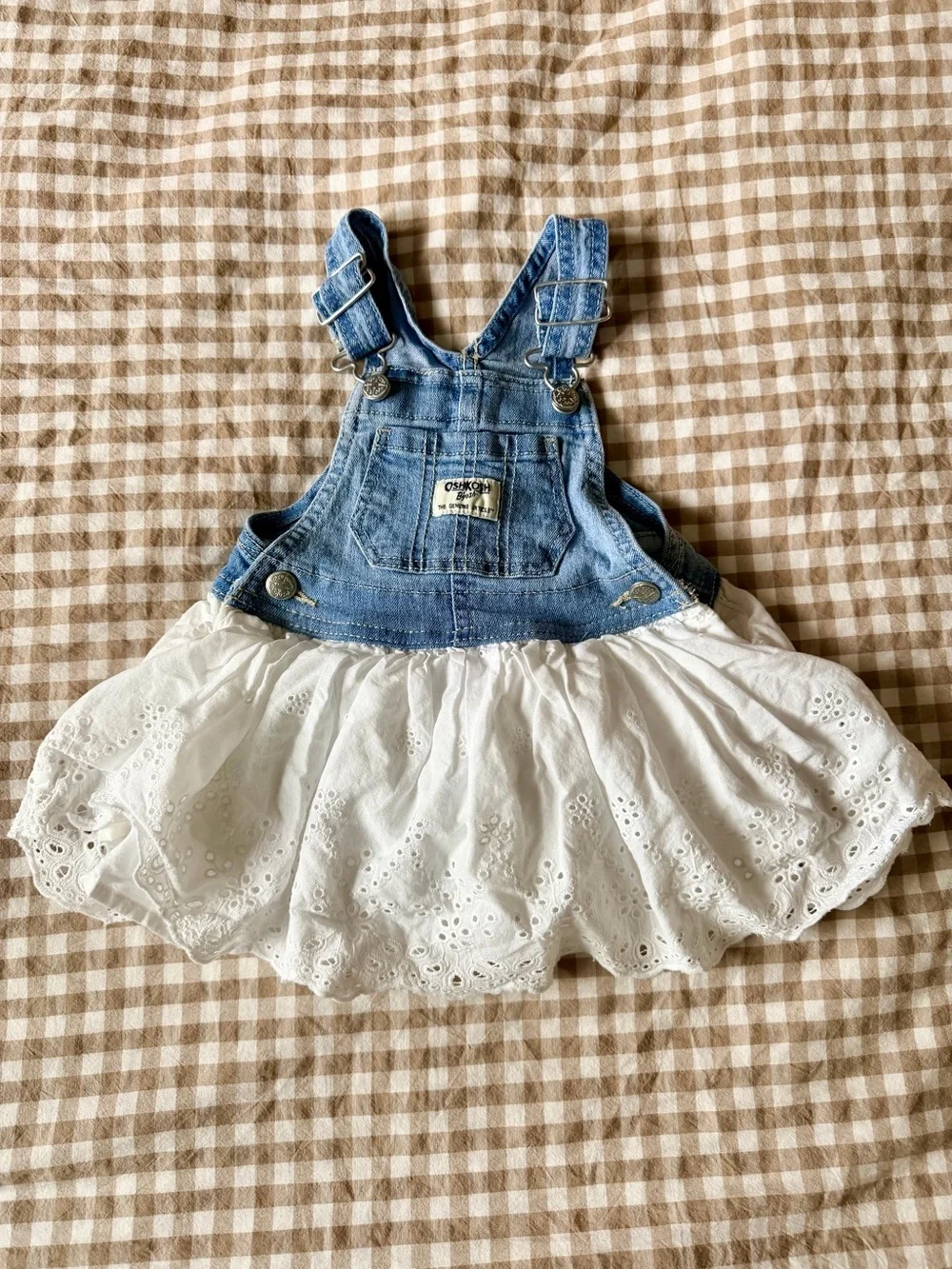 OshKosh B'gosh Blue Denim Bib Dress with White Eyelet Skirt